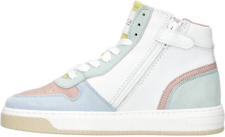 Hip leren sneakers wit roze blauw