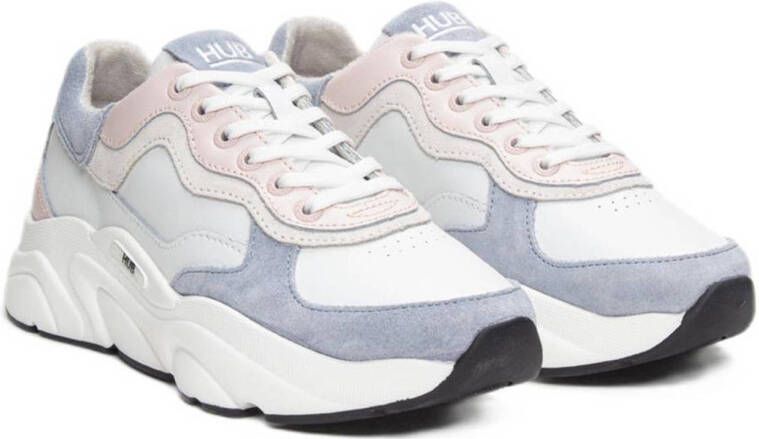 HUB Rock chunky leren sneakers wit roze blauw