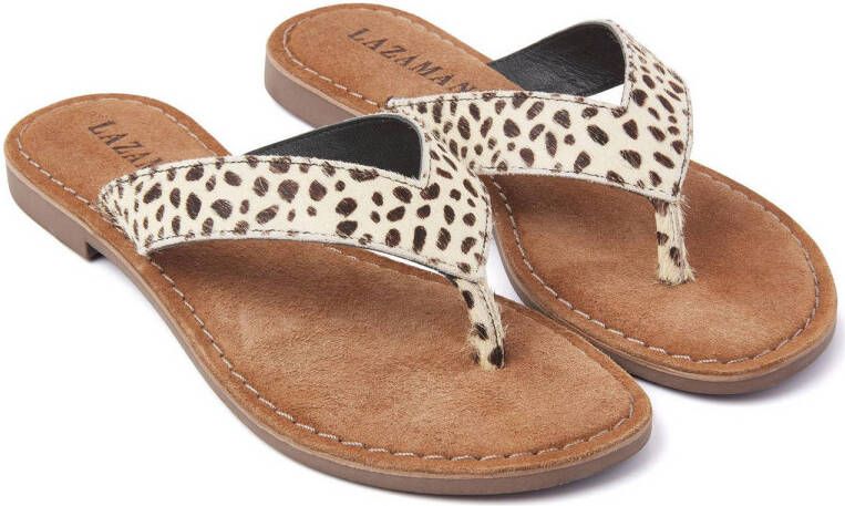 Lazamani 75.481 leren teenslippers met dierenprint ecru zwart