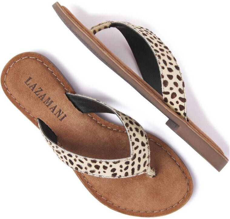 Lazamani 75.481 leren teenslippers met dierenprint ecru zwart