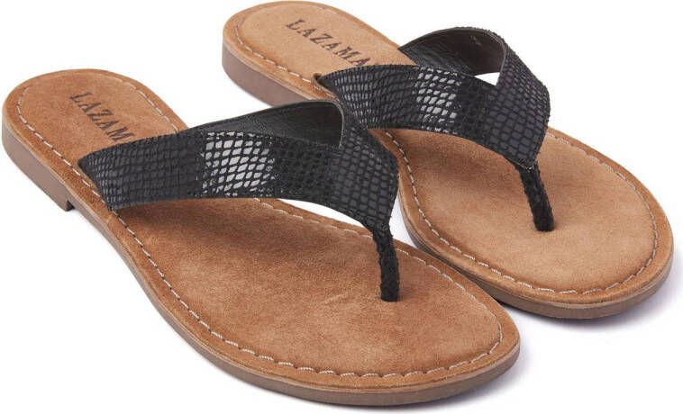 Lazamani 75.481 leren teenslippers met slangenprint zwart