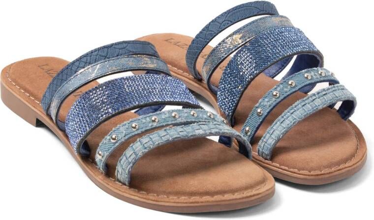 Lazamani leren slippers denimblauw