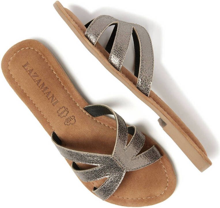 Lazamani leren slippers grijs metallic