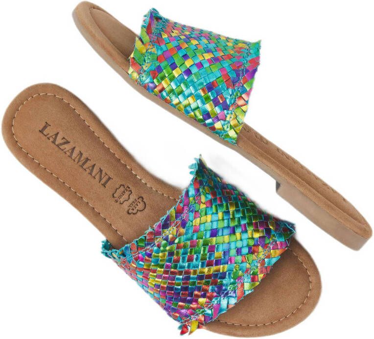 Lazamani leren slippers turquoise