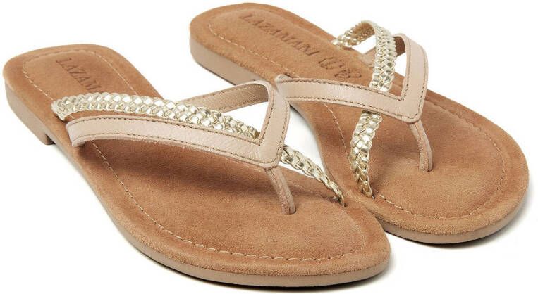 Lazamani leren teenslippers beige goud