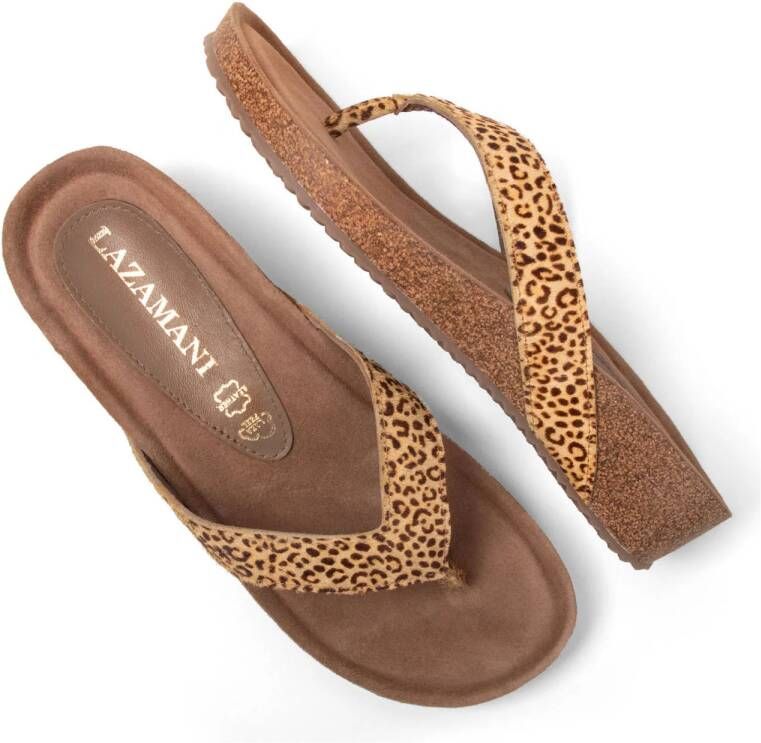 Lazamani leren teenslippers cognac
