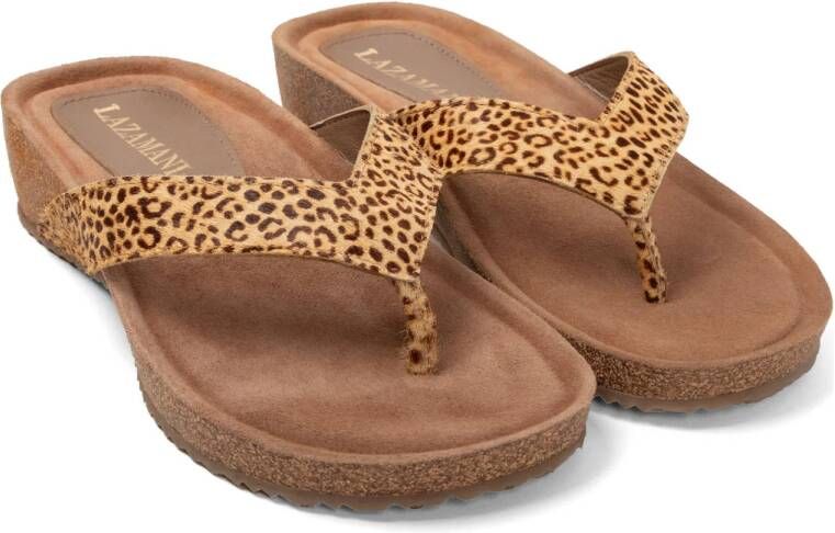 Lazamani leren teenslippers cognac
