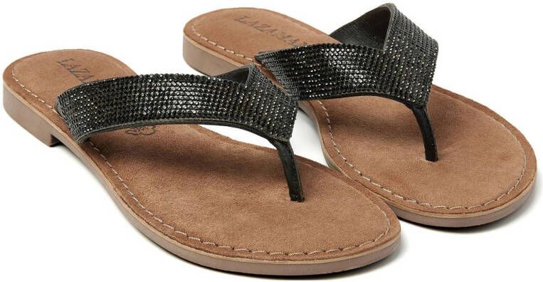 Lazamani leren teenslippers met glitters zwart