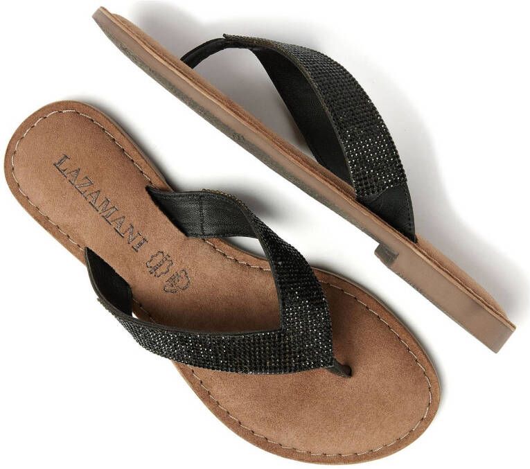Lazamani leren teenslippers met glitters zwart