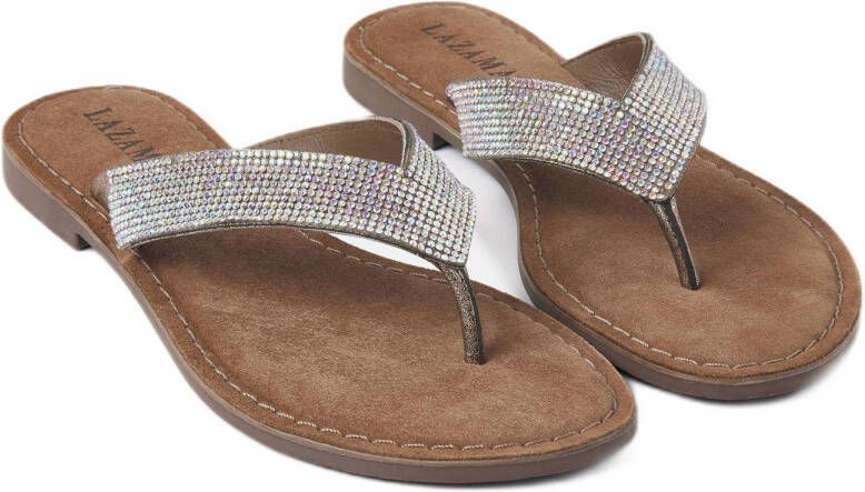 Lazamani leren teenslippers met strass beige