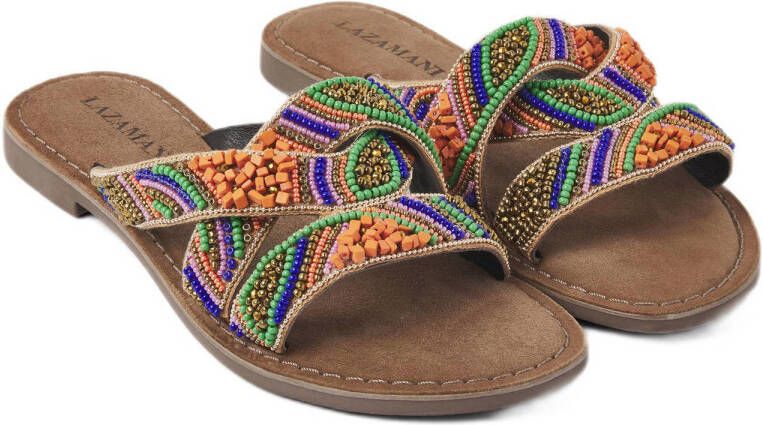 Lazamani slippers met kraaltjes oranje multi