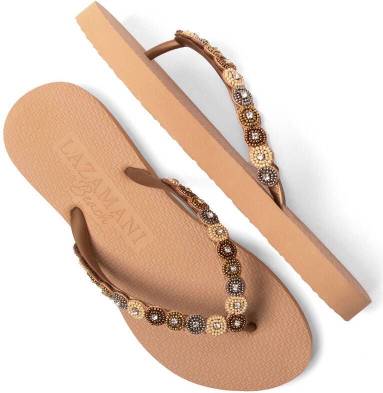 Lazamani teenslippers met kraaltjes beige