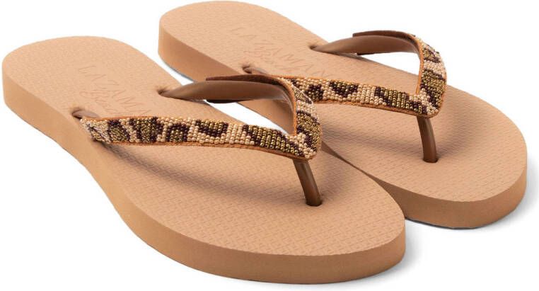 Lazamani teenslippers met kraaltjes en panterprint beige