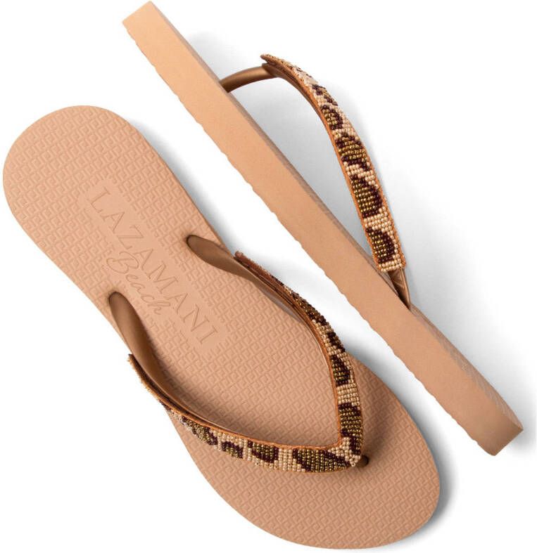 Lazamani teenslippers met kraaltjes en panterprint beige