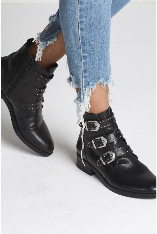 Manfield Dames Zwarte buckle boots met studs -