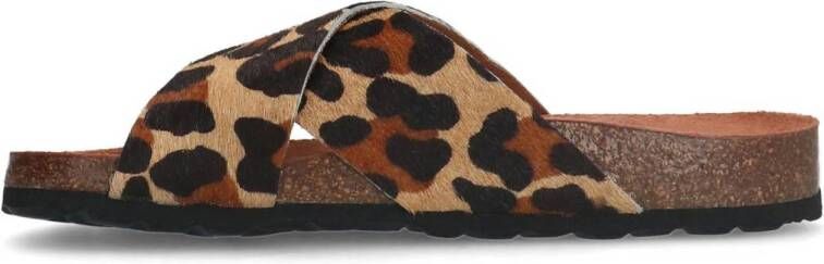 Manfield leren slippers met panterprint beige