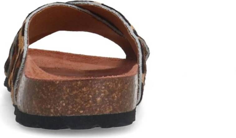 Manfield leren slippers met panterprint beige