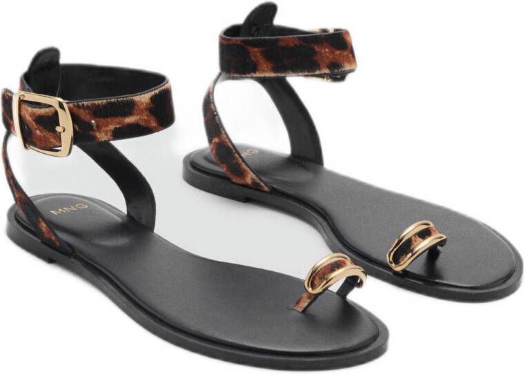 Mango leren sandalen met panterprint cognac zwart