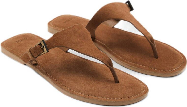 MANGO TEEN leren slippers lichtbruin