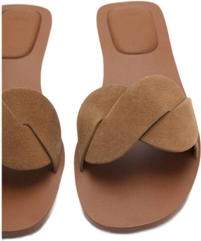 MANGO TEEN leren slippers lichtbruin