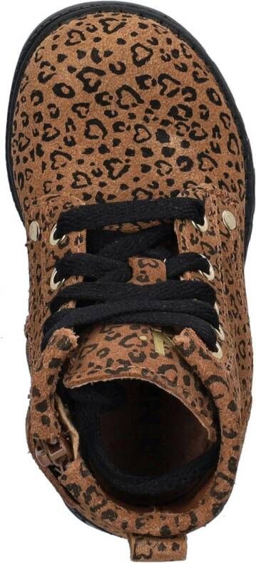 Nelson Kids suède veterboots met panterprint cognac