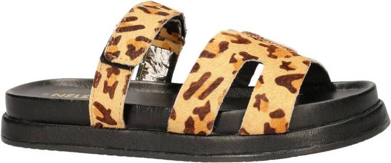 Nelson leren slippers met ponyhair en panterprint beige