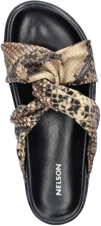 Nelson leren slippers met slangenprint zwart beige