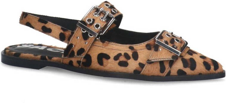 Sacha leren slingback loafers met panterprint en strass beige zwart