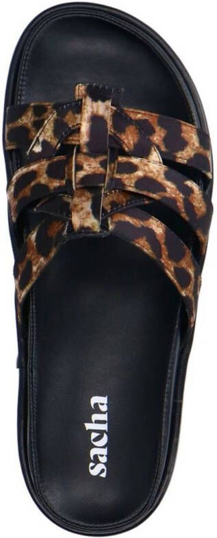 Sacha slippers met panterprint cognac zwart