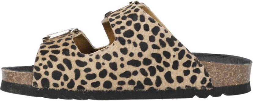 Scholl Noelle leren slippers met panterprint beige zwart