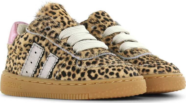 Shoesme leren sneakers met ponyhair en panterprint beige zwart