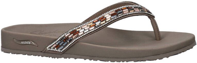 Skechers Meditation Arch Fit teenslippers met strass taupe