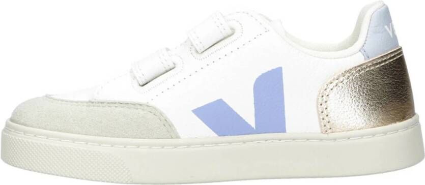 Veja SMALL V-12 leren sneakers wit lichtblauw goud
