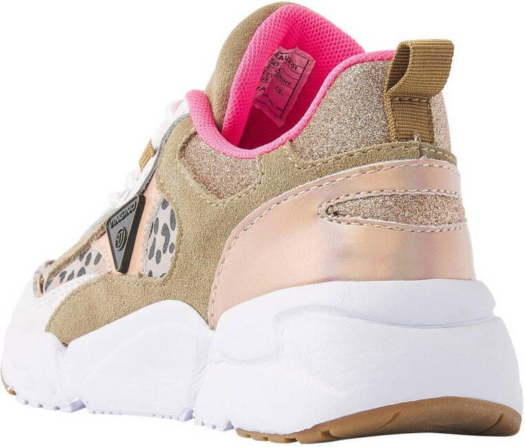 Vingino Beau chunky leren sneakers met panterprint beige roze