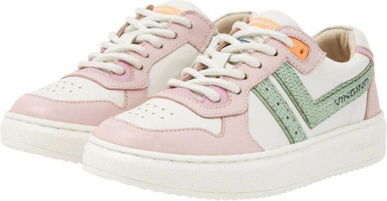 Vingino Odette Low leren sneakers wit lichtroze lichtgroen