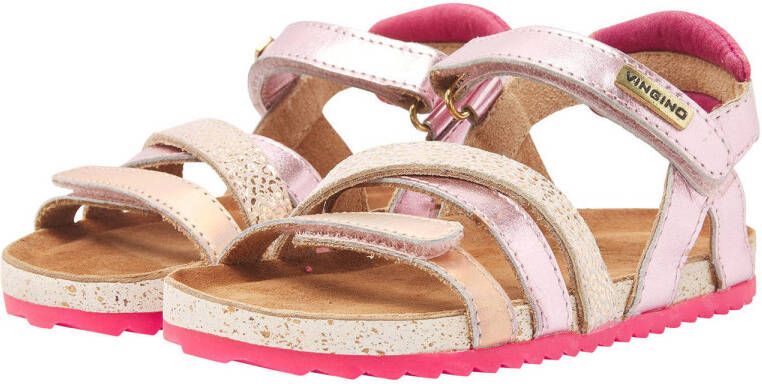 Vingino Vienna leren sandalen met panterprint roze roségoud