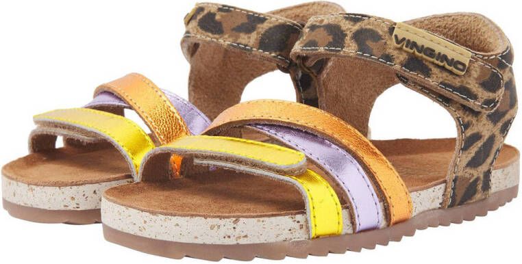 Vingino Vikki leren sandalen met panterprint bruin multi