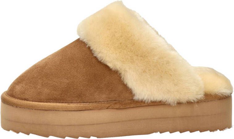 Warmbat Australia suède pantoffels met wol cognac