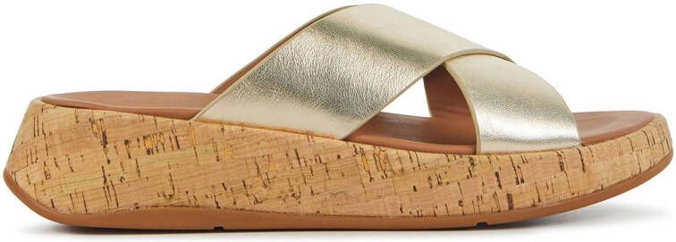 FitFlop F-Mode Metallic Leather Cork Flatform Cross Slides GOUD