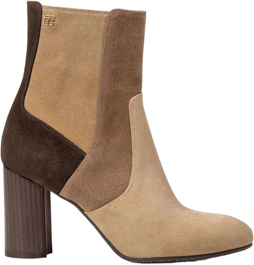 Floris van Bommel Kaci 01.09 suède enkellaarzen met blokhak en panterprint beige bruin