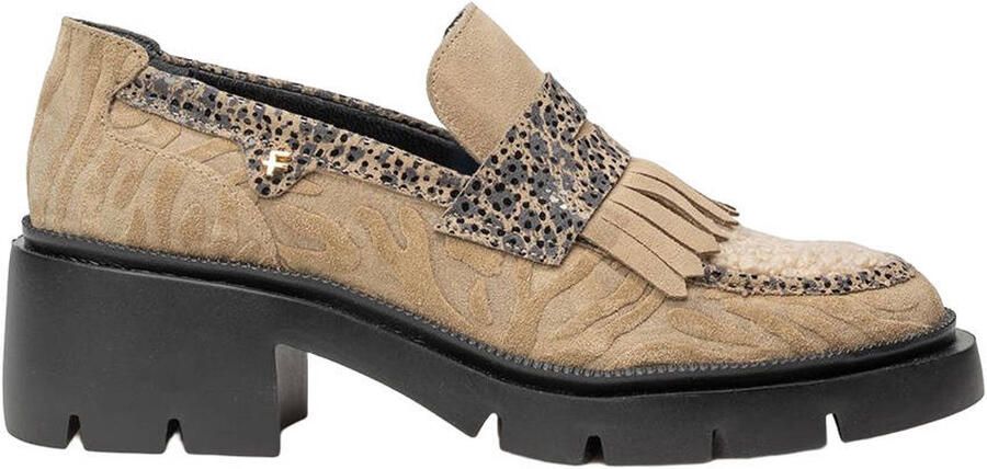 Floris van Bommel suède loafers met blokhak en profielzool taupe