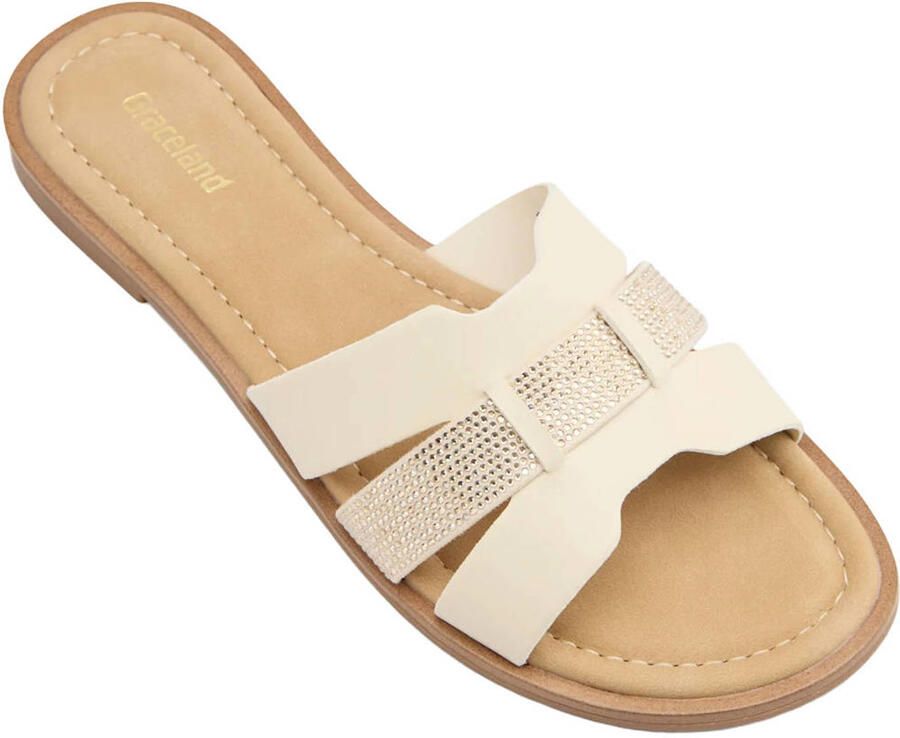 Graceland imitatieleren slippers met strass steentjes ecru - Foto 2