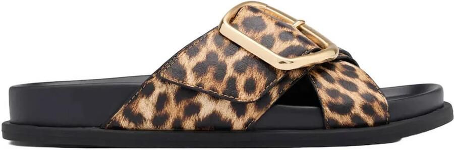 Graceland leren slippers met panterprint cognac zwart
