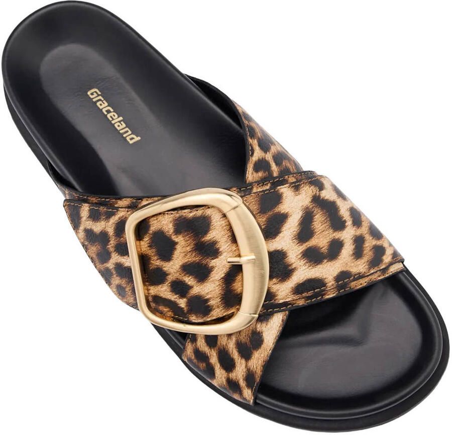 Graceland leren slippers met panterprint cognac zwart - Foto 2