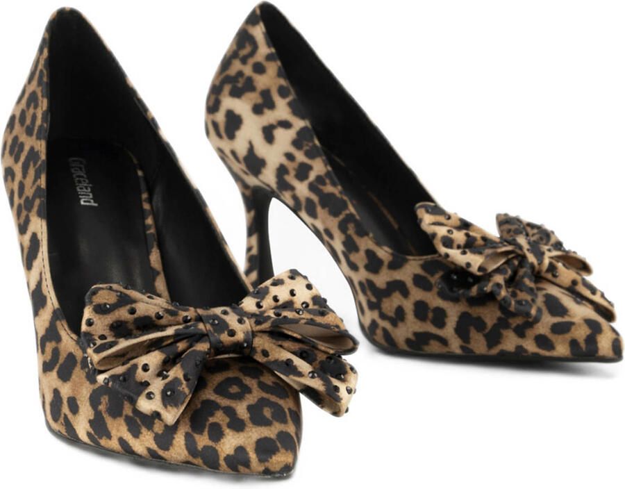 Graceland satijnen pumps met panterprint en strikje beige zwart - Foto 2