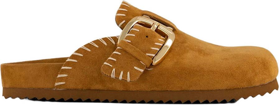 Graceland suède clogs met siergesp cognac