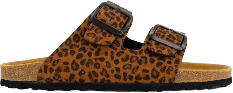 Graceland suède slippers met panterprint cognac zwart