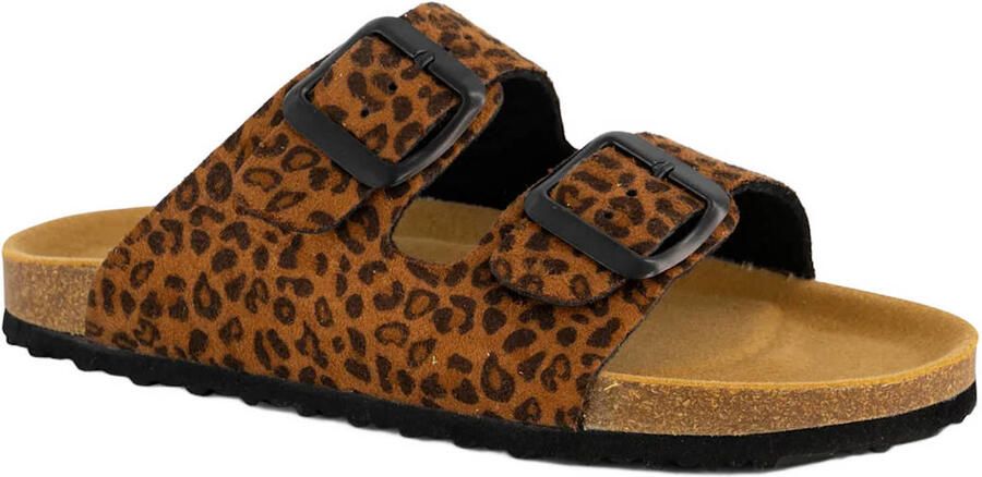 Graceland suède slippers met panterprint cognac zwart - Foto 2