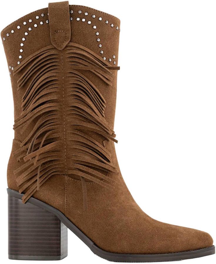 Graceland suèdelook cowboy boots met blokhak en studs bruin
