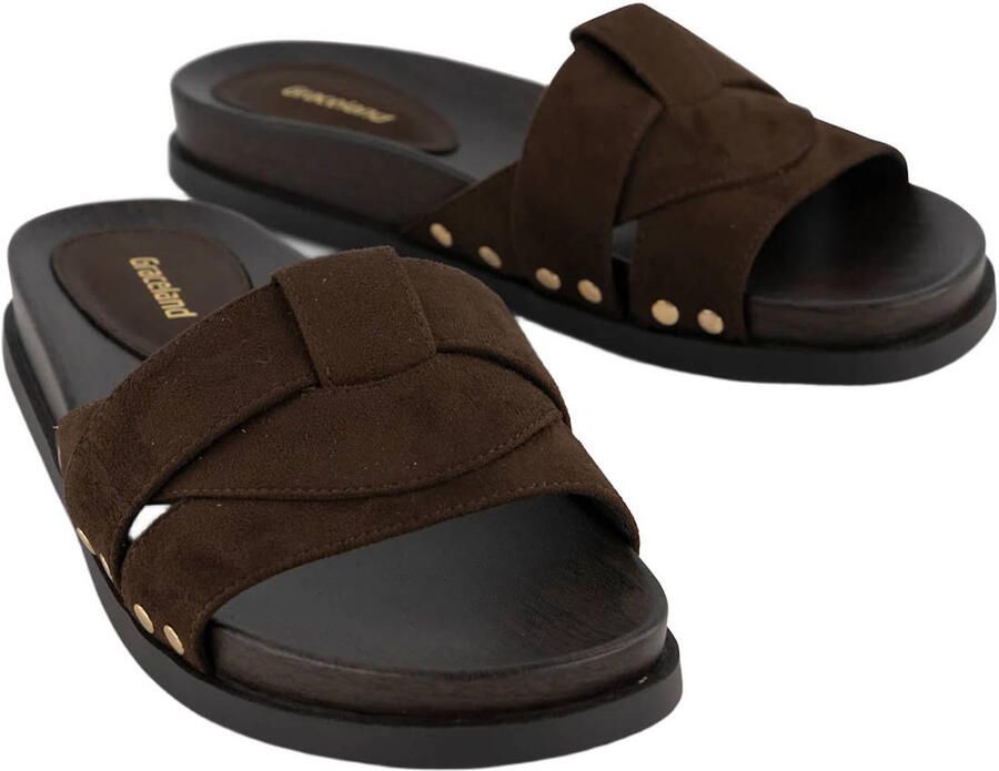 Graceland suèdelook slippers met studs bruin - Foto 2
